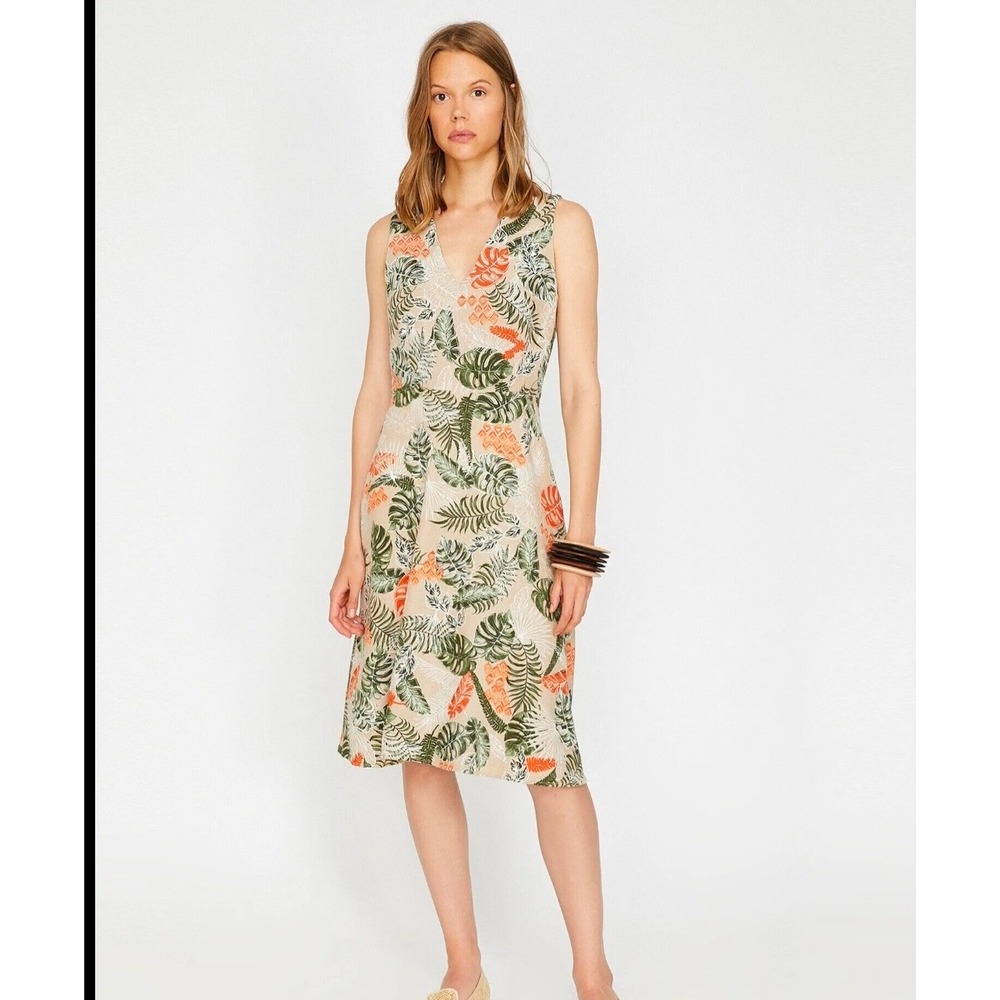 Koton Tropical Leaf Print Midi Dress Women EUR 38 US 6 Beige Green Orange V-Neck
